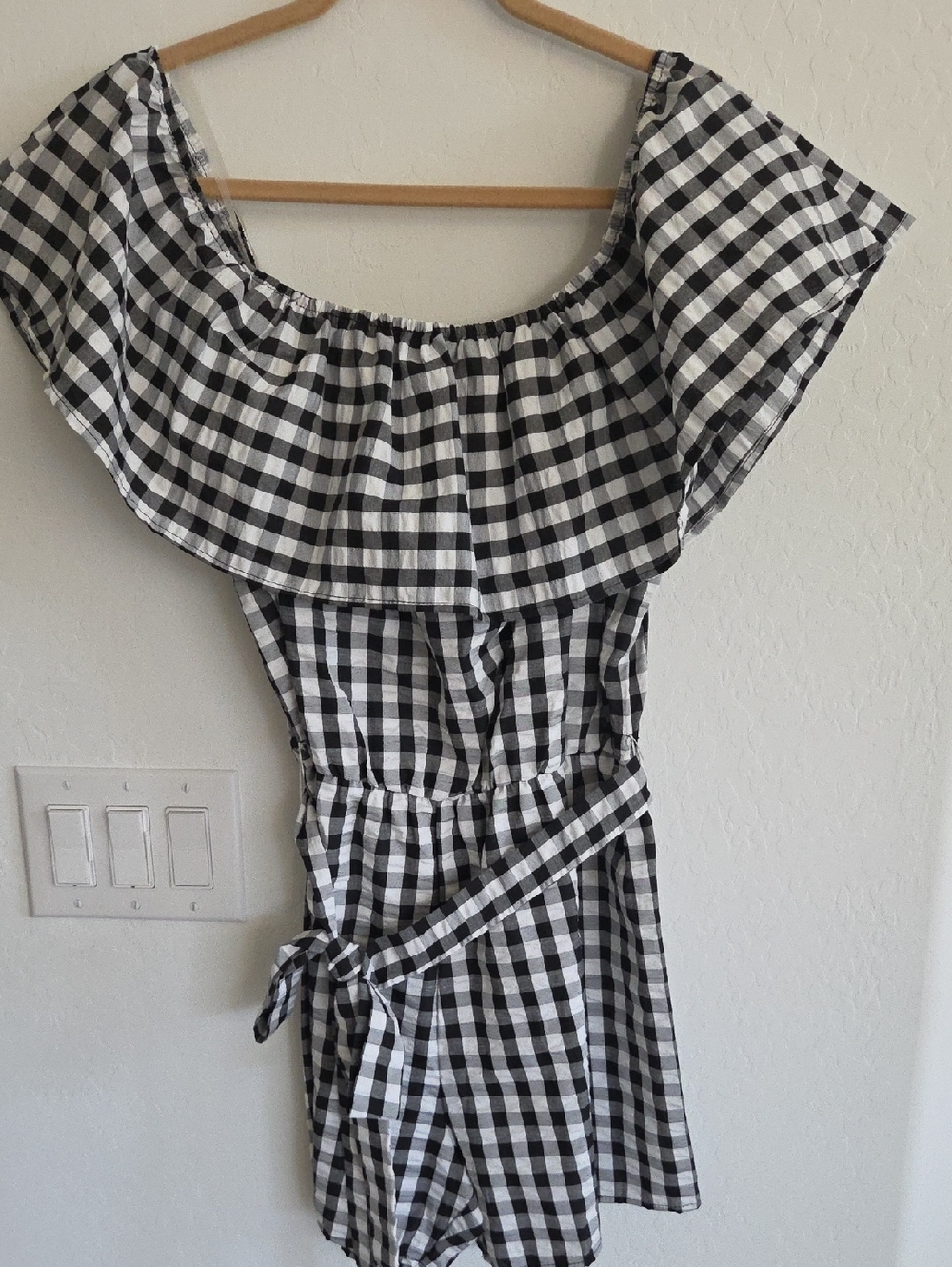 Ces Femme Black and White Gingham Off-Shoulder Top